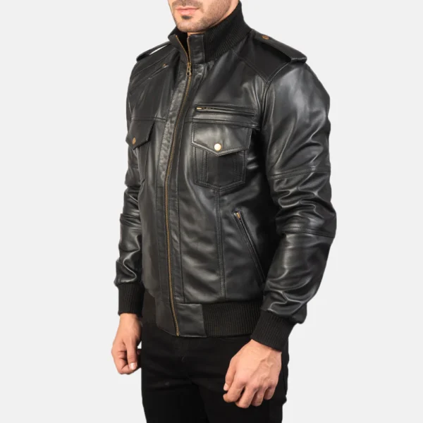 UB FASHION AGENT SHADOW BLACK LEATHER BOMBER JACKET