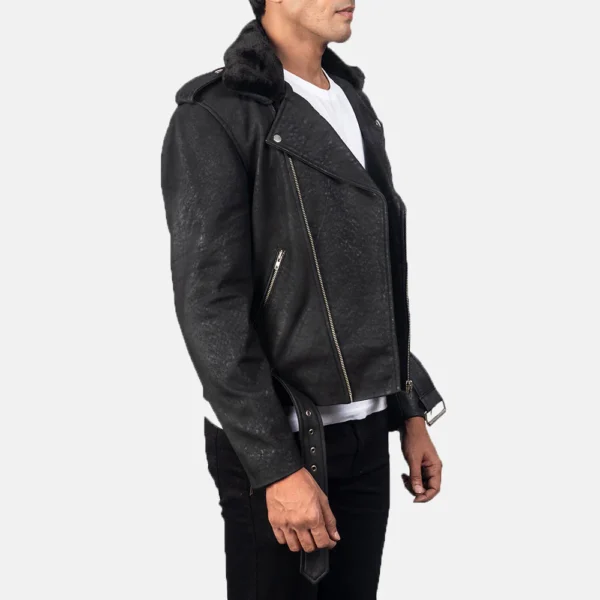 UB FASHION FURTON DISRESSED BLACK LEATHER BIKER JACKET