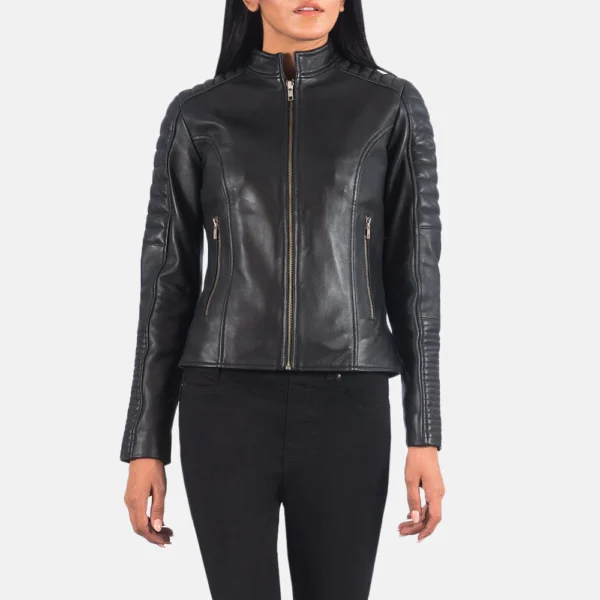 UB FASHION ADALYN QUILTED BLACK LEATHER BIKER JACKET