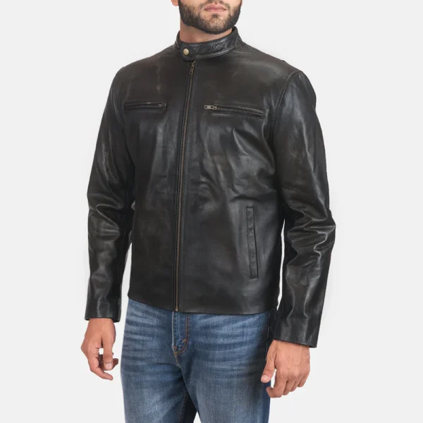 UB FASHION RUSTIC BLACK LEATHER BIKER JACKET