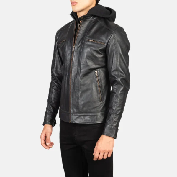 UB FASHION HECTOR BLACK HOODED LEATHER BIKER JACKET