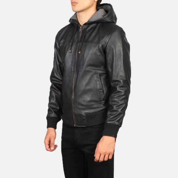 UB FASHION NINTENZO BLACK HOODED LEATHER BOMBER JACKET