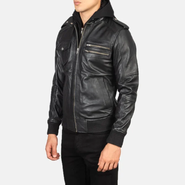 UB FASHION BRAVADO BLACK HOODED LEATHER BOMBER JACKET