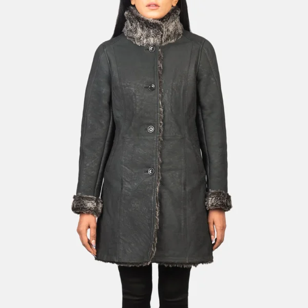 UB FASHION ERICA SHEARLING BLACK LEATHER COAT