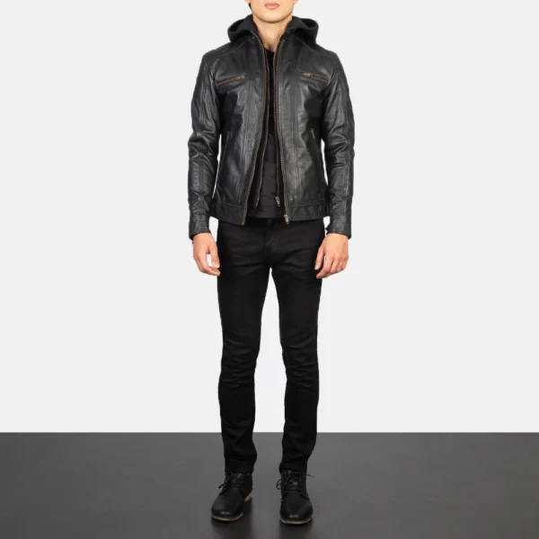 UB FASHION HECTOR BLACK HOODED LEATHER BIKER JACKET