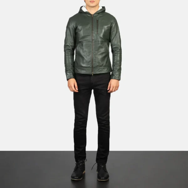 UB FASHION BASTON GREEN HOODED LEATHER BOMBER JACKET