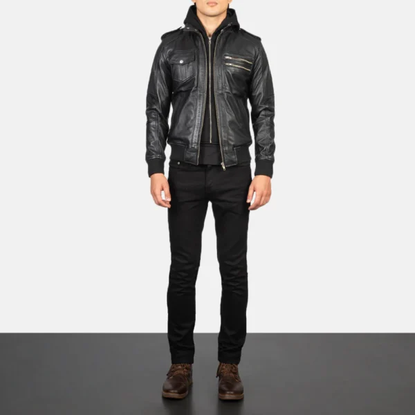 UB FASHION BRAVADO BLACK HOODED LEATHER BOMBER JACKET