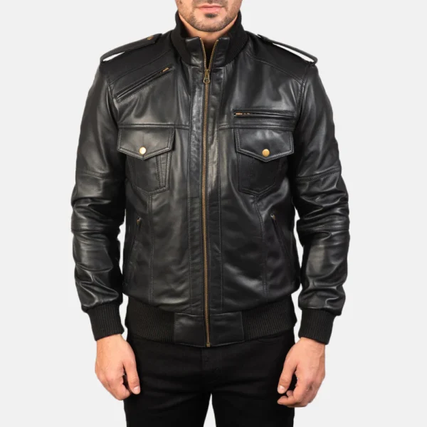 UB FASHION AGENT SHADOW BLACK LEATHER BOMBER JACKET