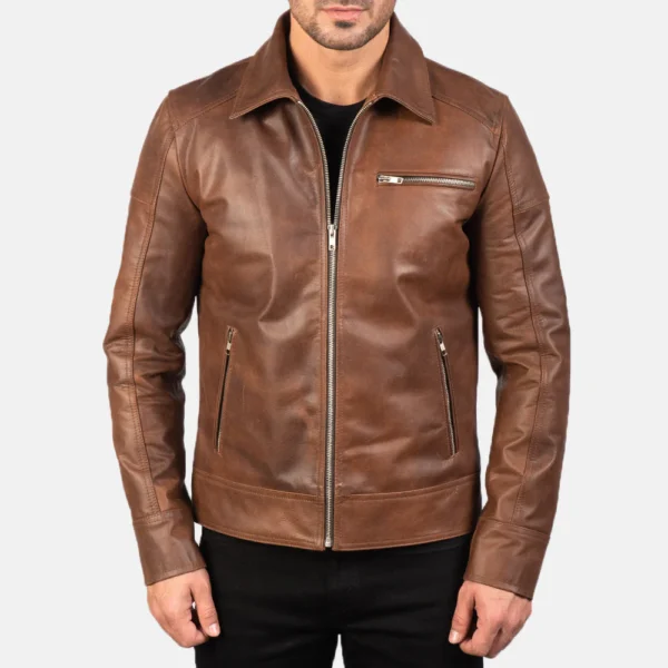 UB FASHION LAVENDARD BROWN LEATHER BIKER JACKET