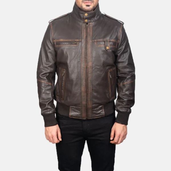 UB FASHION GLEN STREET BROWN LEATHER BOMBER JACKET