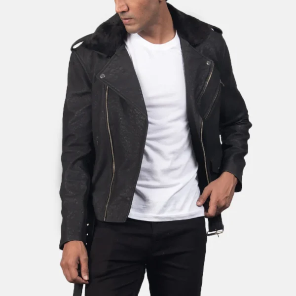 UB FASHION FURTON DISRESSED BLACK LEATHER BIKER JACKET