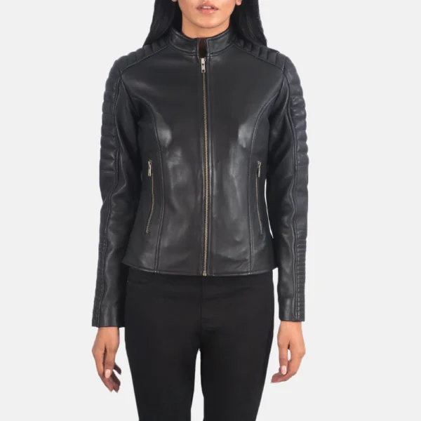 UB FASHION ADALYN QUILTED BLACK LEATHER BIKER JACKET