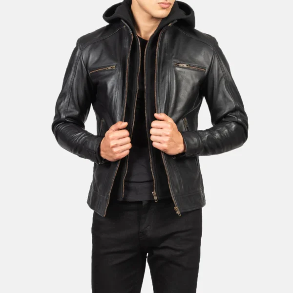 UB FASHION HECTOR BLACK HOODED LEATHER BIKER JACKET