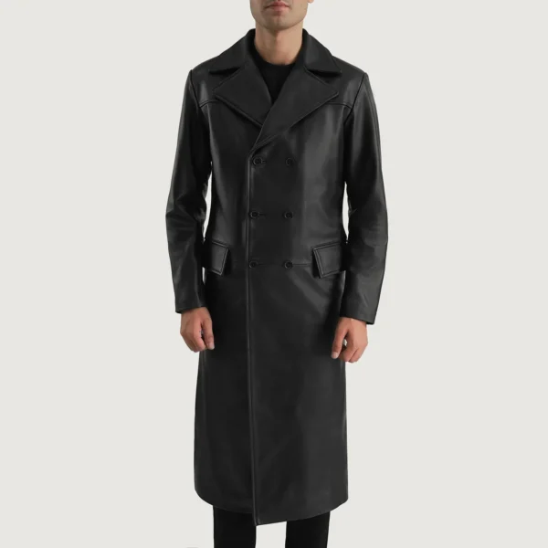 UB FASHION DELMAR BLACK LEATHER DOUBLE BREASTED COAT