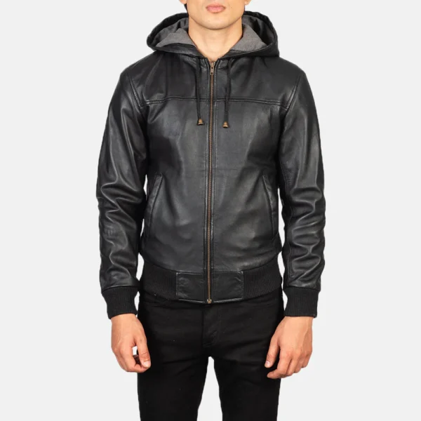 UB FASHION NINTENZO BLACK HOODED LEATHER BOMBER JACKET