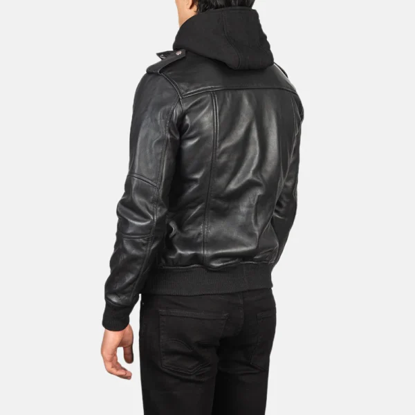 UB FASHION BRAVADO BLACK HOODED LEATHER BOMBER JACKET