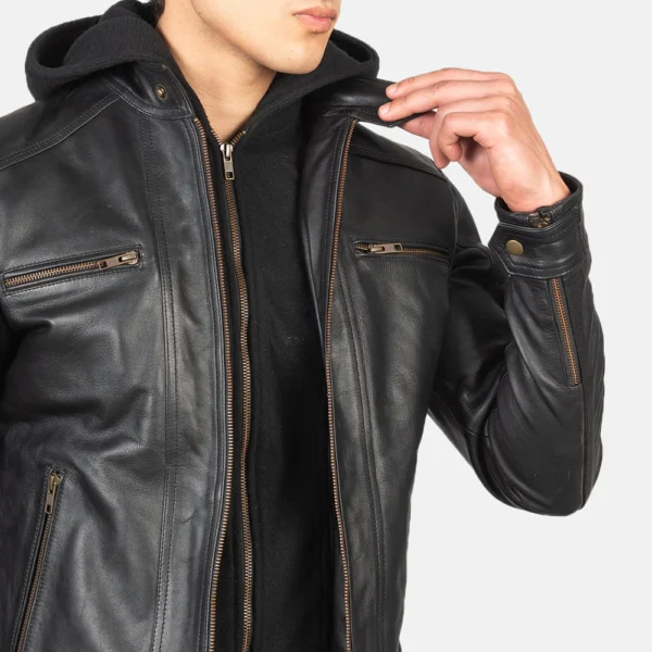 UB FASHION HECTOR BLACK HOODED LEATHER BIKER JACKET