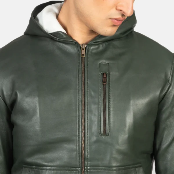 UB FASHION BASTON GREEN HOODED LEATHER BOMBER JACKET