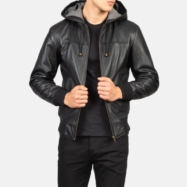 UB FASHION NINTENZO BLACK HOODED LEATHER BOMBER JACKET