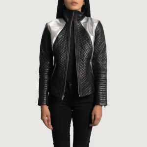 UB FASHION ALIA METALLIC BLACK LEATHER BIKER JACKET