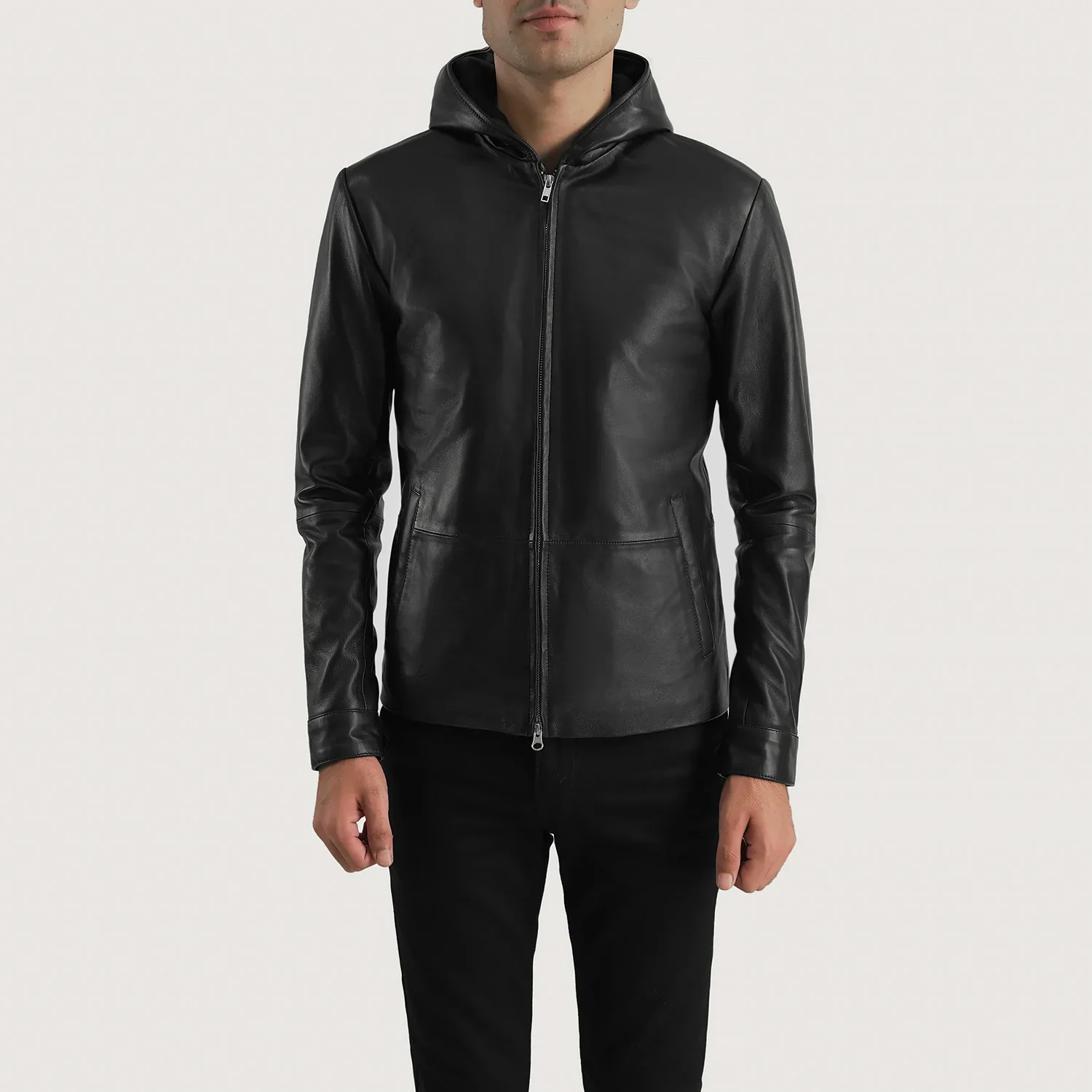 UB FASHION ANDY MATTE BLACK HOODED LEATHER JACKET
