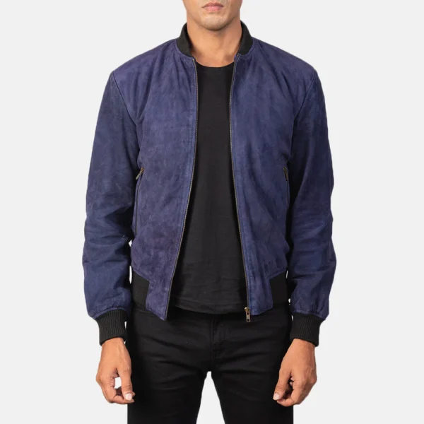 UB FASHION SHANE NAVY BLUE LEATHER BOMBER JACKET