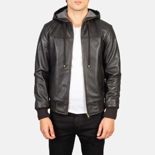 UB FASHION NINTENZO BROWN HOODED LEATHER BOMBER JACKET