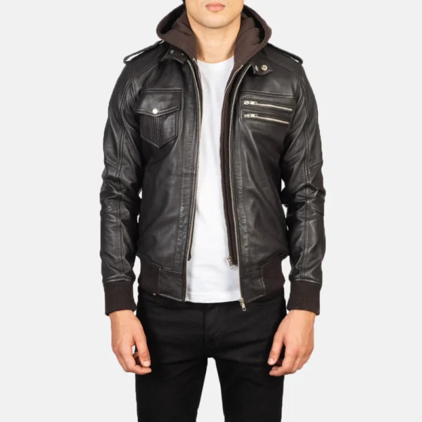 UB FASHION BRAVADO BROWN HOODED LEATHER BOMBER JACKET