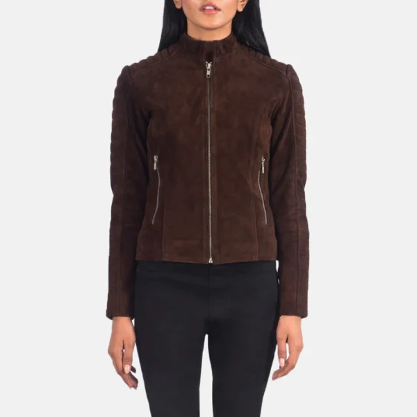 UB FASHION ADALYN QUILTED BROWN SUEDE LEATHER BIKER JACKET