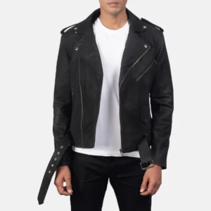 UB FASHION FURTON DISRESSED BLACK LEATHER BIKER JACKET