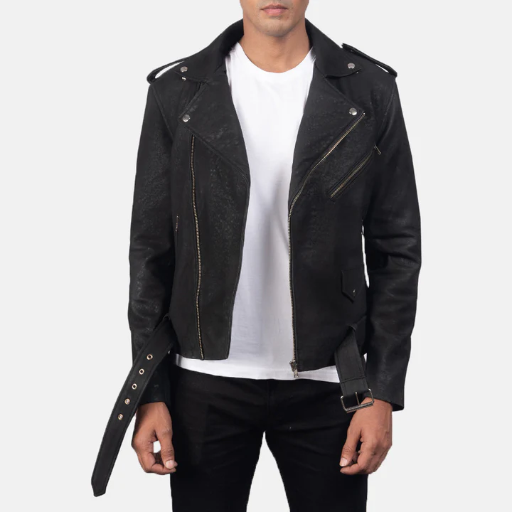 UB FASHION FURTON DISRESSED BLACK LEATHER BIKER JACKET
