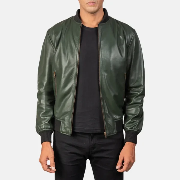 UB FASHION SHANE GREEN LEATHER BOMBER JACKET