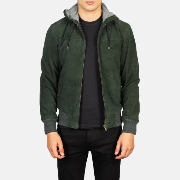 UB FASHION NINTENZO GREEN HOODED LEATHER BOMBER JACKET