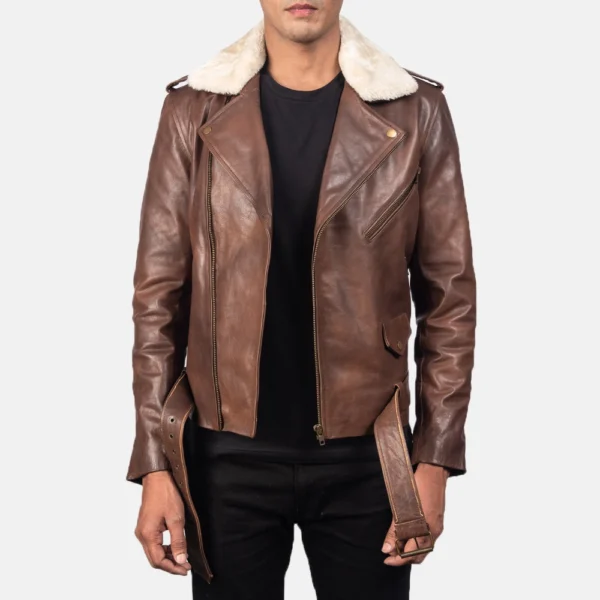 UB FASHION FURTON BROWN LEATHER BIKER JACKET