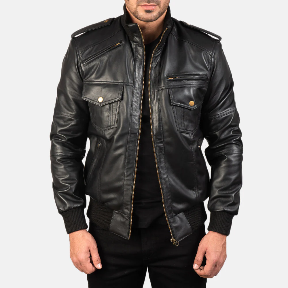 UB FASHION AGENT SHADOW BLACK LEATHER BOMBER JACKET