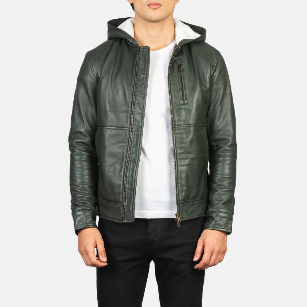 UB FASHION BASTON GREEN HOODED LEATHER BOMBER JACKET