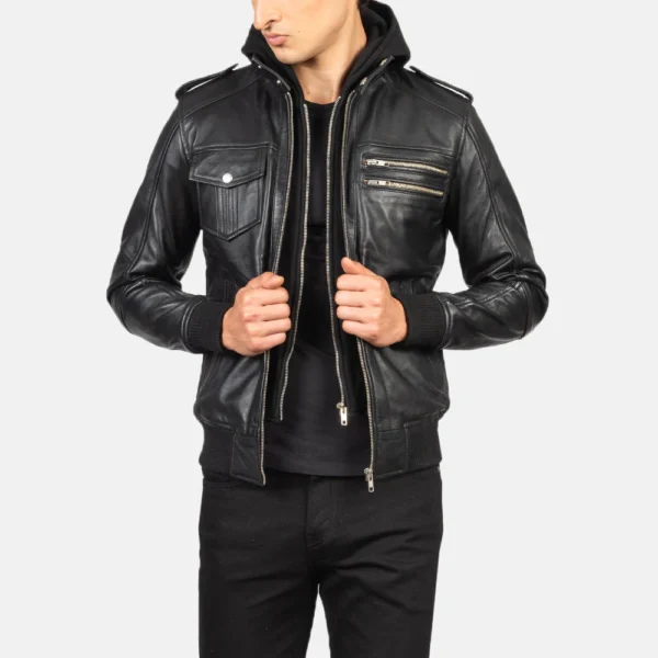 UB FASHION BRAVADO BLACK HOODED LEATHER BOMBER JACKET