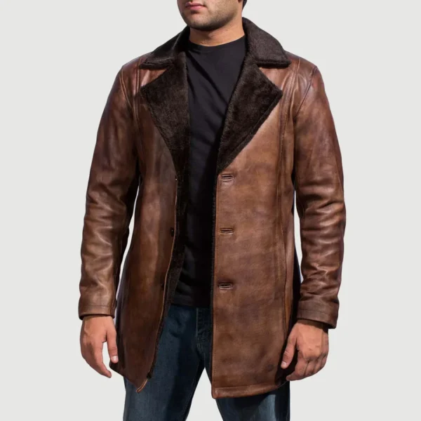 UB FASHION CINNAMON DISTRESSED LEATHER FUR COAT