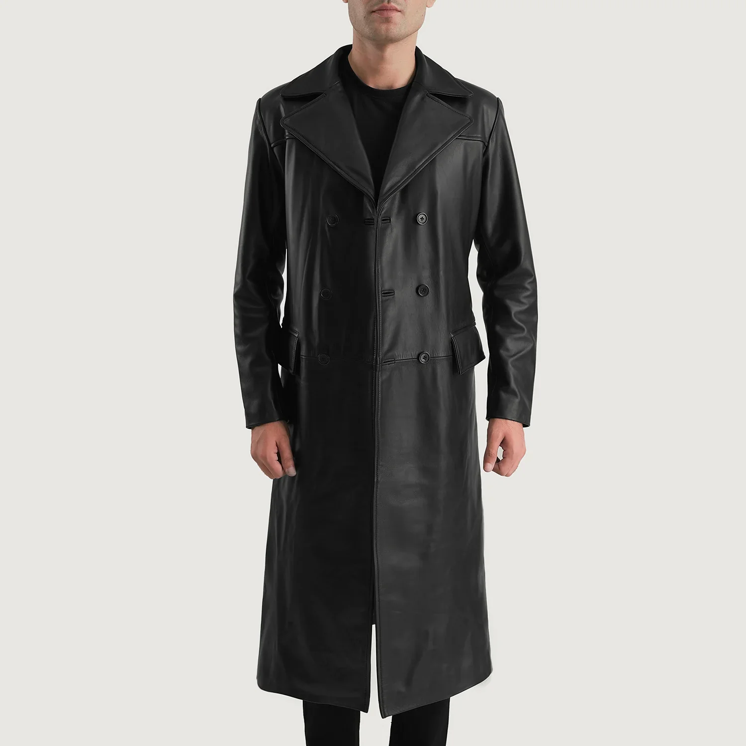 UB FASHION DELMAR BLACK LEATHER DOUBLE BREASTED COAT