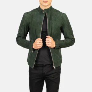 UB FASHION FERNANDO QUILTED GREEN SUEDE BIKER JACKET