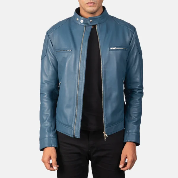 UB FASHION GATSBY BLUE LEATHER BIKER JACKET