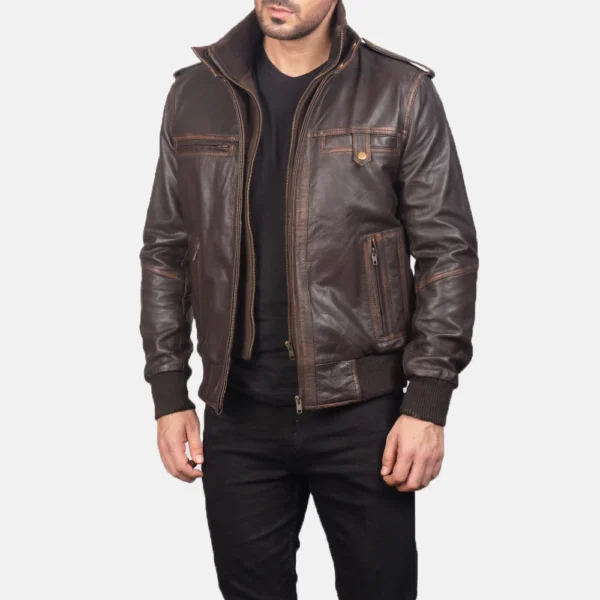 UB FASHION GLEN STREET BROWN LEATHER BOMBER JACKET