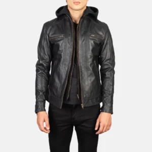 UB FASHION HECTOR BLACK HOODED LEATHER BIKER JACKET