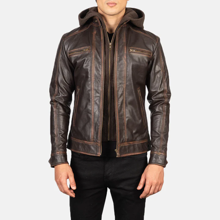 UB FASHION HECTOR BLACK HOODED LEATHER BIKER JACKET