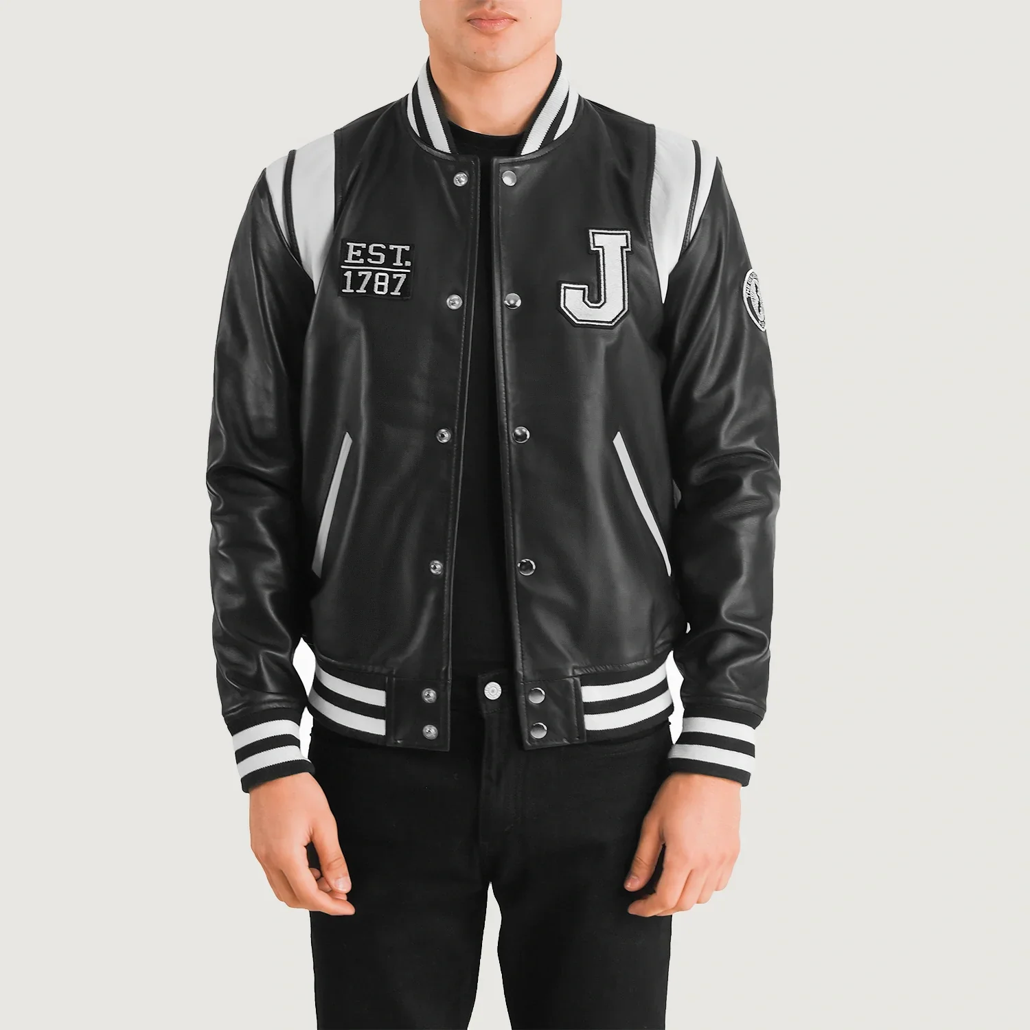 UB FASHION LIBERTE NEW JERSEY BLACK LEATHER VARSITY JACKET