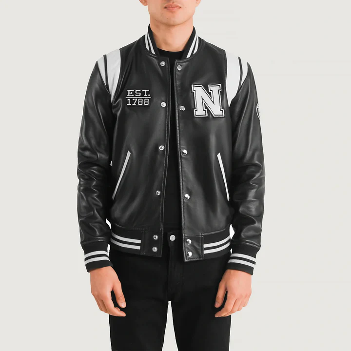 UB FASHION LIBERTE NEW JERSEY BLACK LEATHER VARSITY JACKET