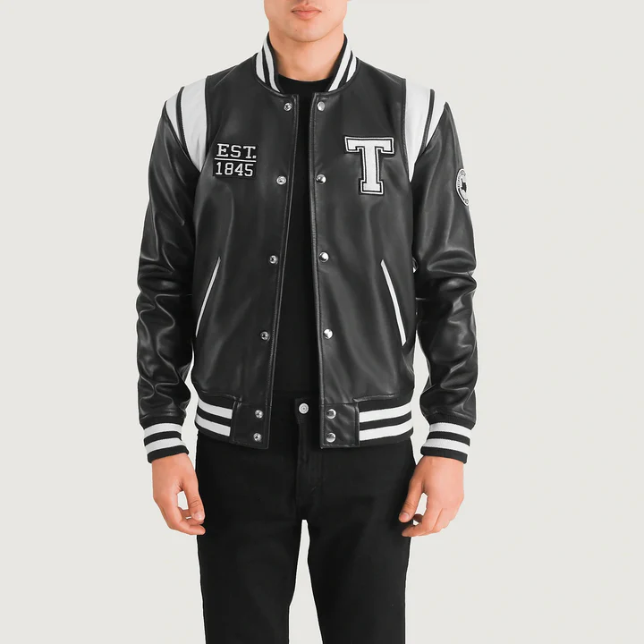 UB FASHION LIBERTE NEW JERSEY BLACK LEATHER VARSITY JACKET