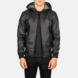 UB FASHION NINTENZO BLACK HOODED LEATHER BOMBER JACKET