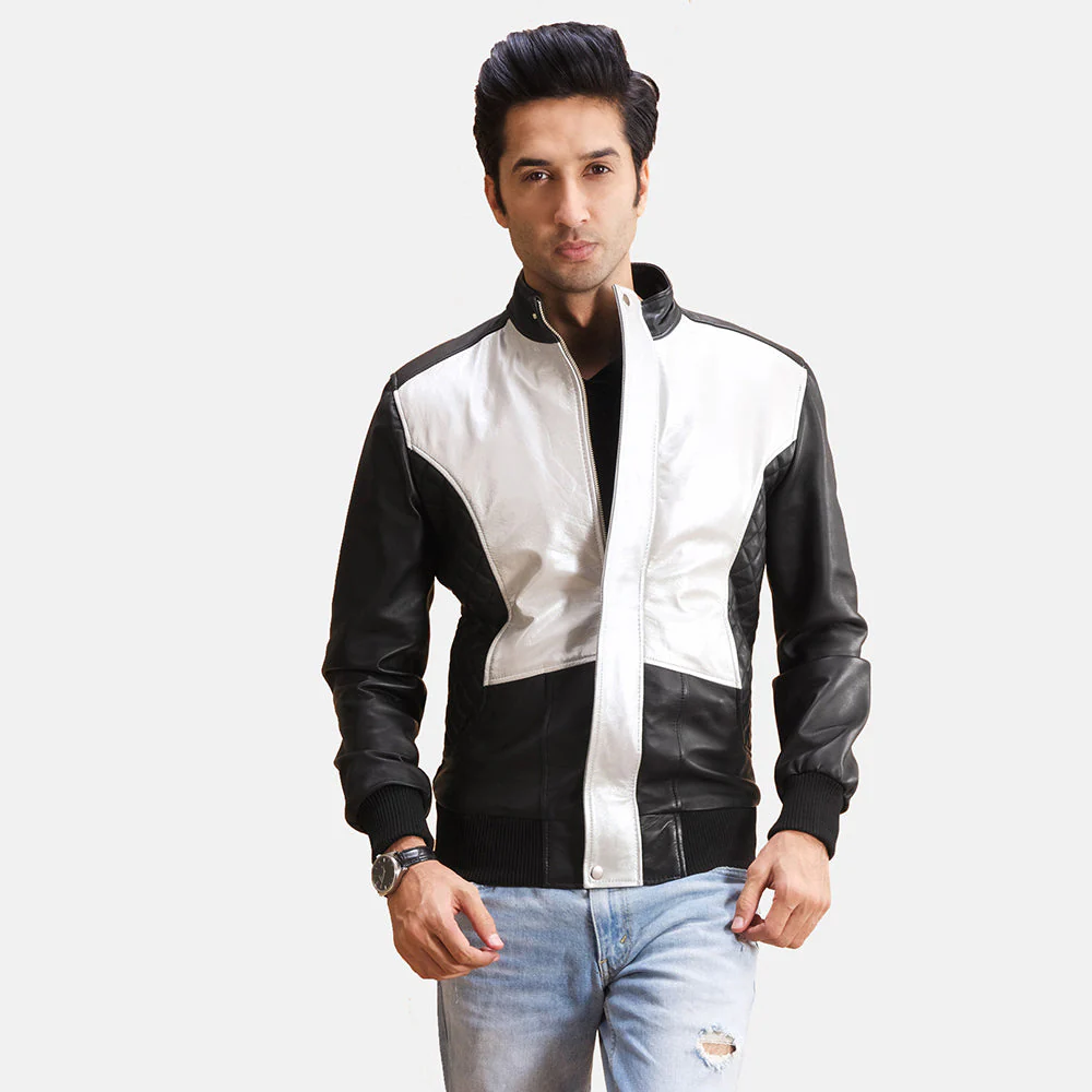 UB FASHION SPADE SILVER BLACK LEATHER BOMBER JACKET