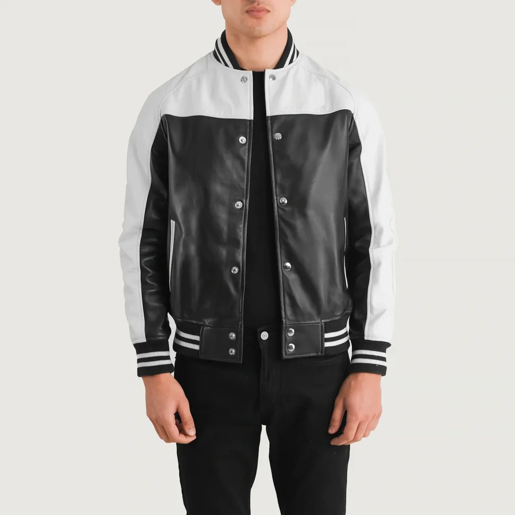 UB FASHION TERRANCE BLACK & WHITE LEATHER VARSITY JACKET